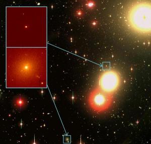 UCDs in the Fornax Cluster. The background image was taken by Dr Michael Hilker of the University of Bonn using the 2.5-metre Du Pont telescope, part of the Las Campanas Observatory in Chile. The two boxes show close-ups of two UCD galaxies in the Hilker image. (Credit: These images were made using the Hubble Space Telescope by a team led by Professor Michael Drinkwater of the University of Queensland.)