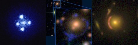a) an Einstein cross (credit: NASA/ESA); b) an example from the Space Warps dataset; c) a known lens in CANDELS that Galaxy Zoo users spotted.