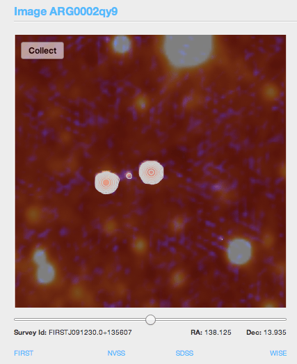 The new tools in RGZ now link to four catalogs (FIRST, NVSS, SDSS, and WISE) for each galaxy. FIRST and NVSS are radio image, SDSS is optical, and WISE is infrared.