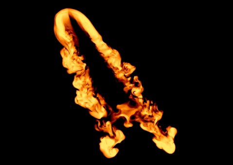 Figure 3: Mock synchrotron image of a simulated radio galaxy embedded in a supersonic cross wind. The two jets have bent into downstream, turbulent tails .
