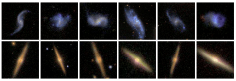 From Figure 13 in Dieleman et al. (2015). Example sets of images that are maximally distinct in the prediction model. The top row consists of loose winding spirals, while the bottom row are edge-on disks. 