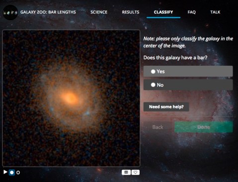 Galaxy Zoo Bar Lengths classification interface screen shot