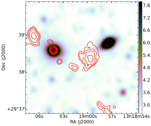 An example of a galaxy where visual identification of the radio components is necessary. Automated algorithms would have classified the non-core emission as independent sources, whereas RGZ volunteers (in agreement with the science team) found all five radio emission components in the upper half of the image to be related to the same source.