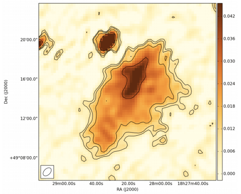 Example of a new radio remnant, named BLOB1, detected with the LOFAR telescope at 137 MHz. From Brienza et al. (2015).