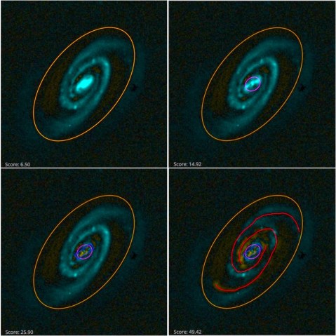 Four-panel figure showing the galaxy builder interface, a spiral galaxy is visible in blue, and in each panel another component is added to gradually remove all the visible light from the galaxy.